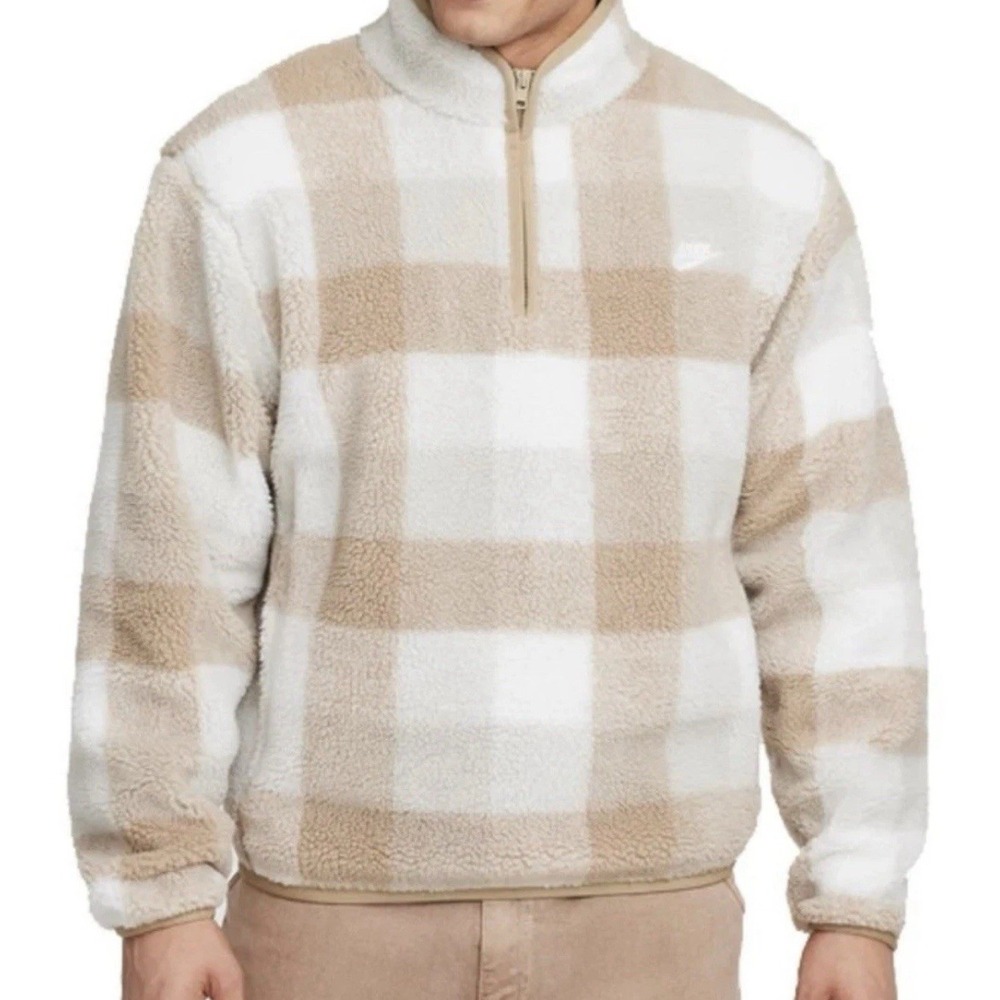 Nike Pullover Mens SMALL Beige Tan Sherpa Fleece 1/2 Zip Plaid Swoosh FZ0896-247